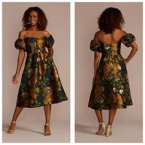 DB Studio Brocade Off-the-Shoulder Puff Sleeve A-Line Midi Dress Sz 12 Cocktail